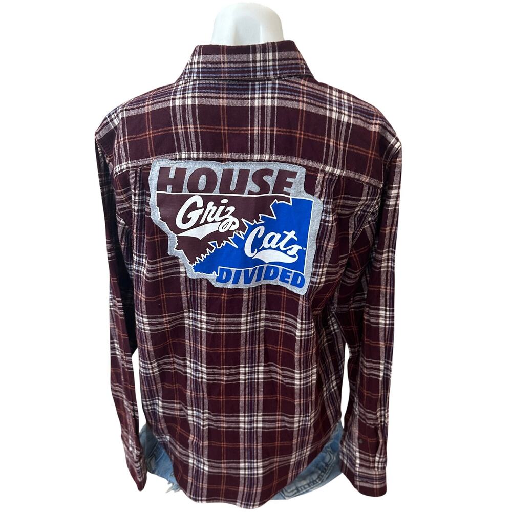 Bobcat Griz House Divided Plaid Flannel Shirt SMALL Unique Football Montana